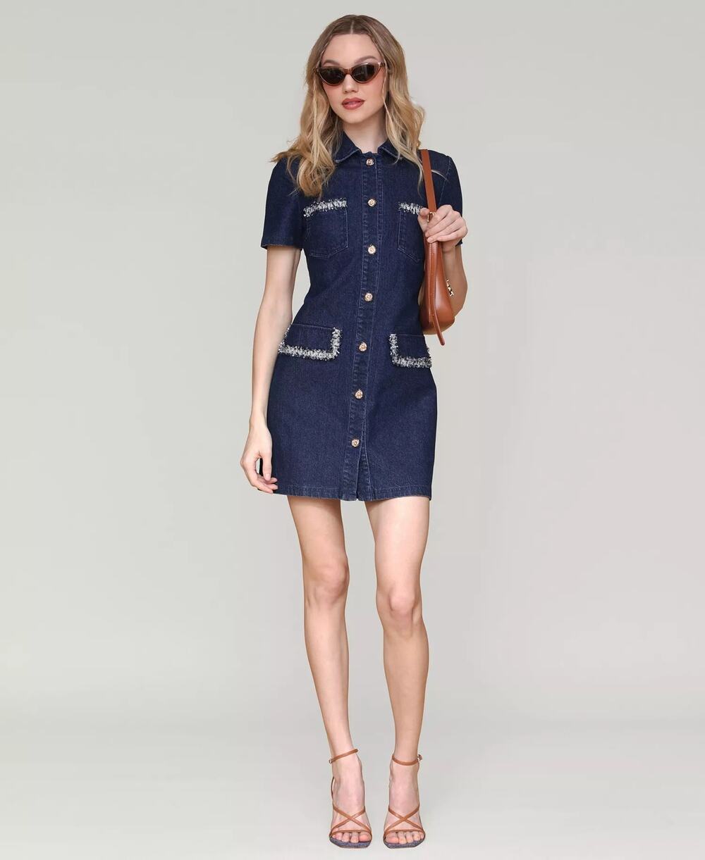 Avec Les Filles Collared Button-Front Mini Denim Dress Greenwich Wash Size 2 NWT